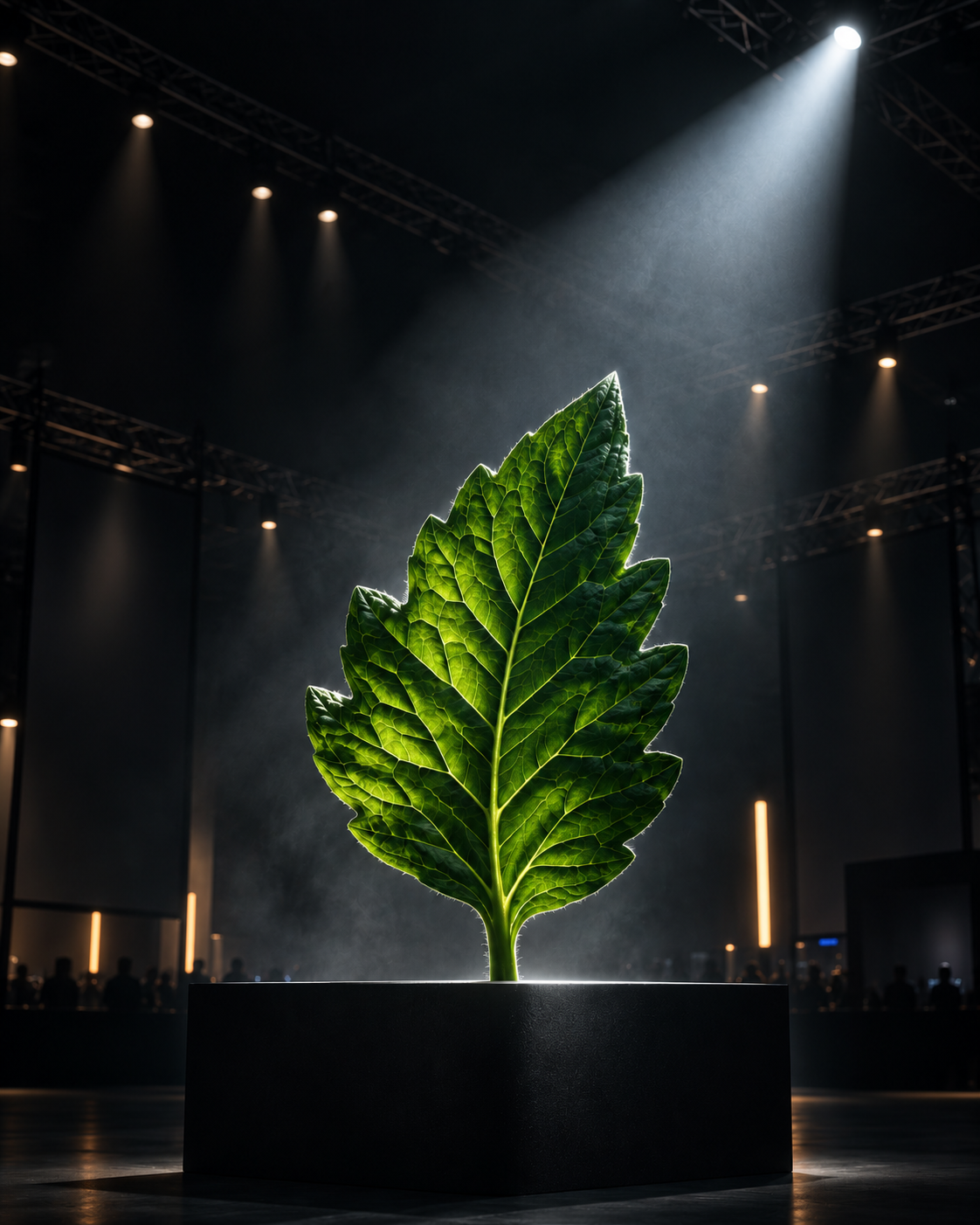 Een groen blad centraal in een bundel licht
